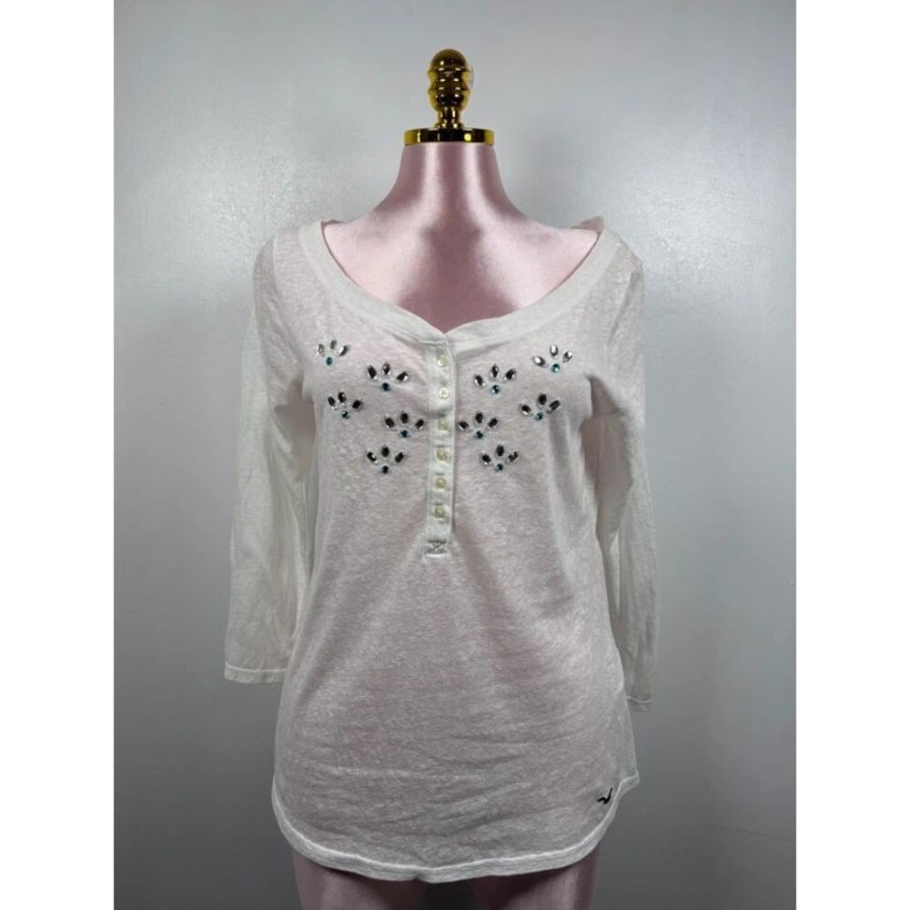 Hollister White Embellished Henley 3/4 Sleeve Top Size Large
